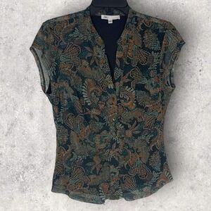 DR2 Womens Medium Paisley Print Blouse Sheer Button Front Top Cap Sleeve Lined
